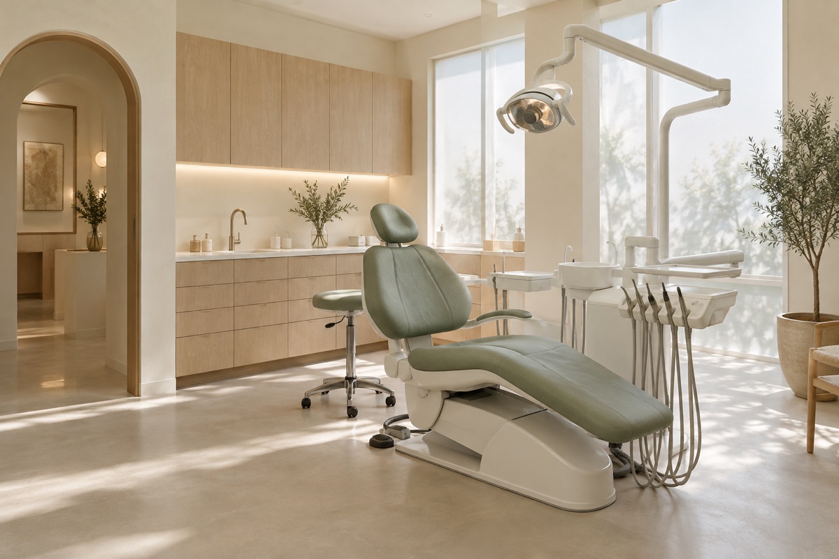 A sunlit dental treatment room with a sage chair and warm oak cabinetry